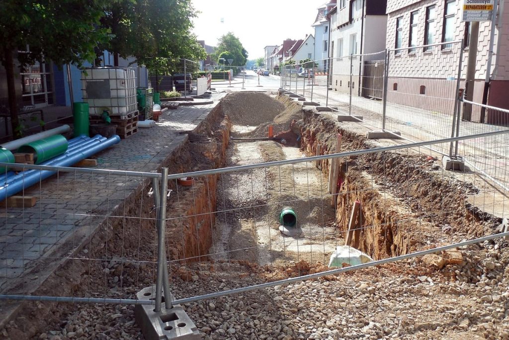 Sewer pipe laid in an open street trench