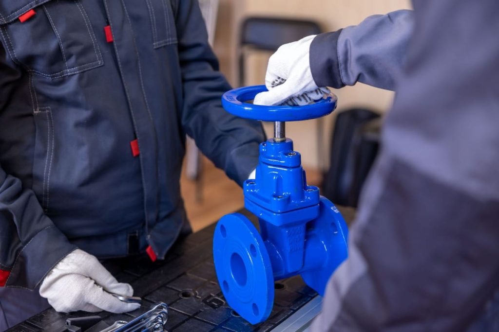 Two technicians checking a blue shut-off valve