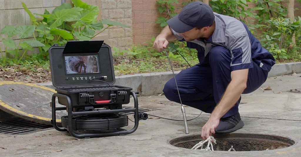 Technician lowering a sewer camera into a manhole with the monitor beside him