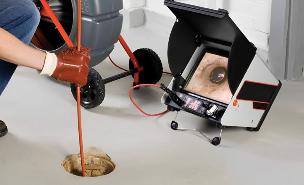 Camera cable entering a floor drain with the pipe view on the monitor