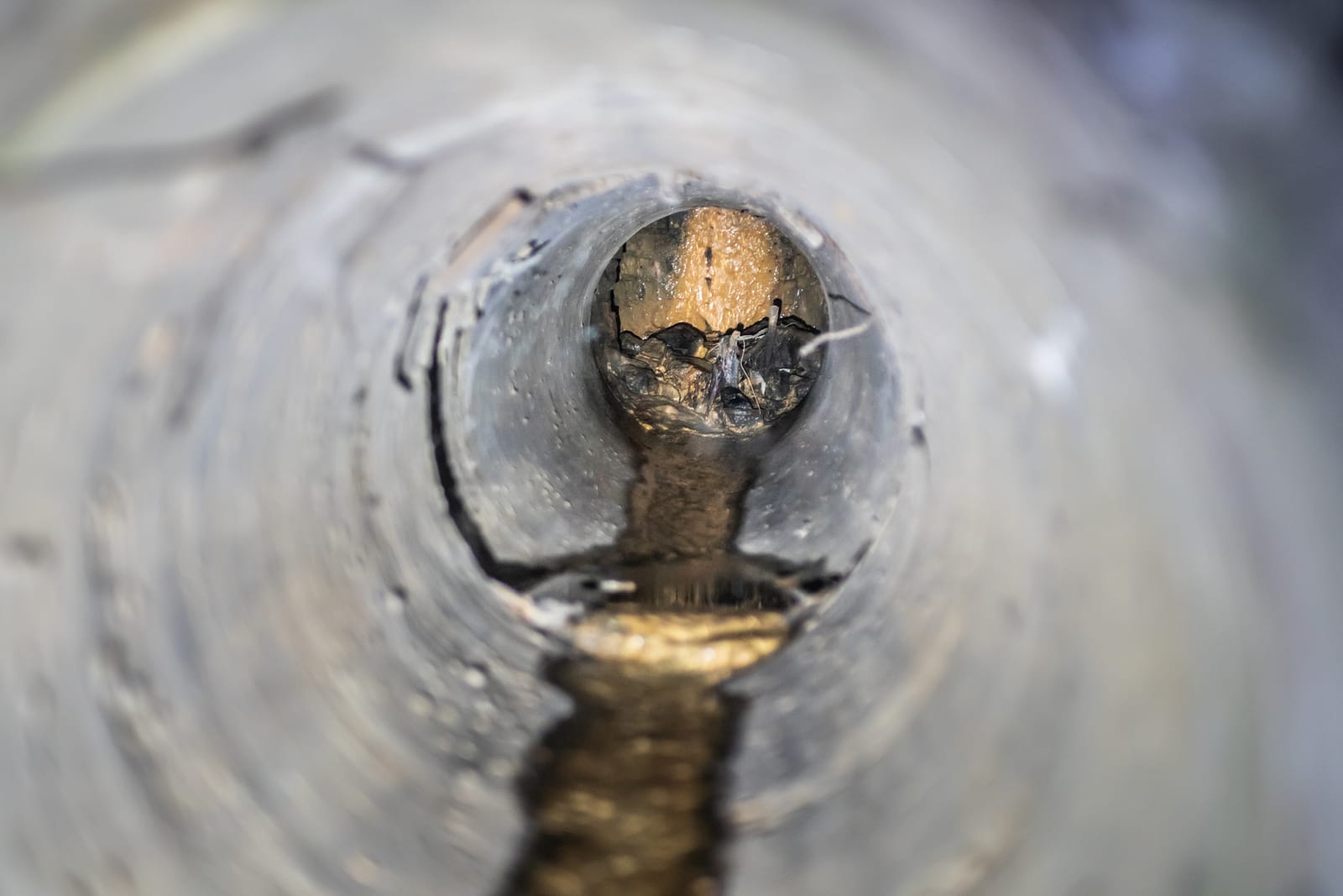 Camera view inside a sewer pipe showing a blockage