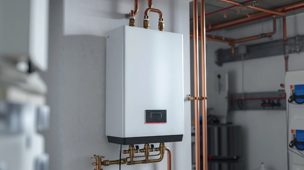 Wall-mounted tankless water heater with copper pipe connections