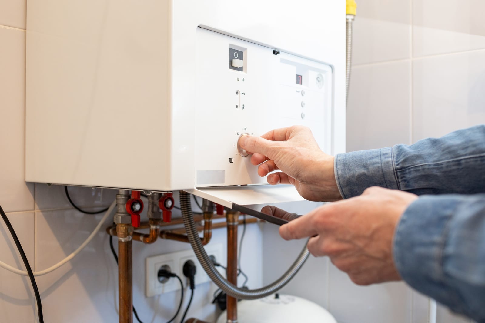 Technician adjusting the controls on a wall-mounted tankless water heater