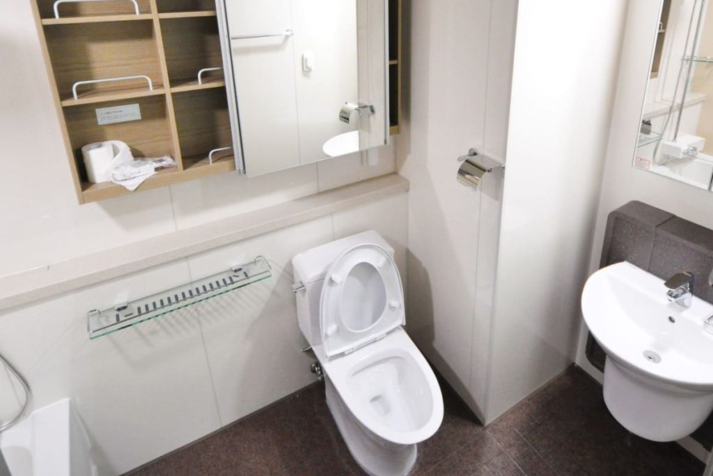 Bathroom with a toilet, sink and storage shelves