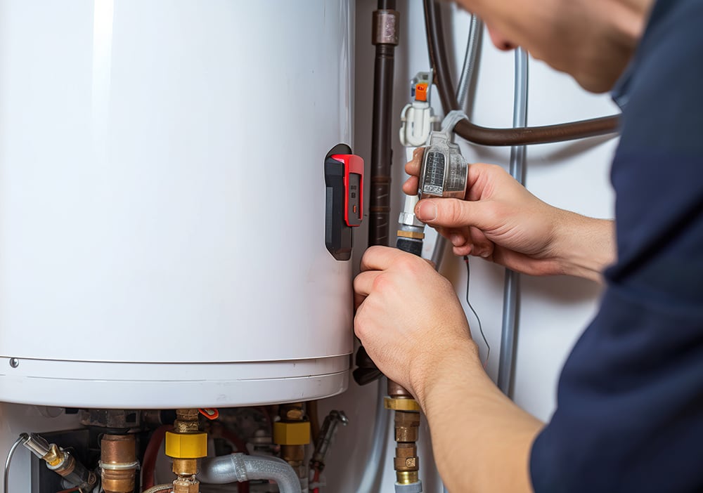 Technician working on the connections of a tank water heater